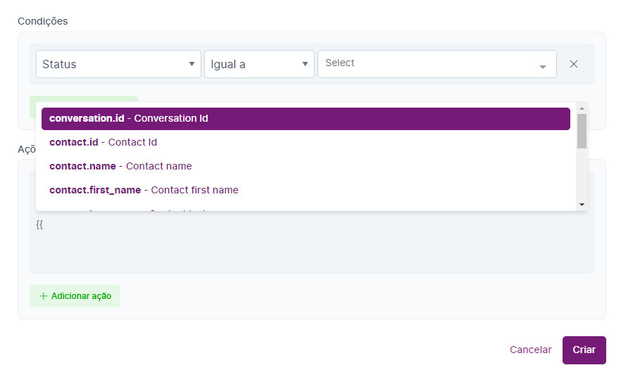 Variáveis disponíveis